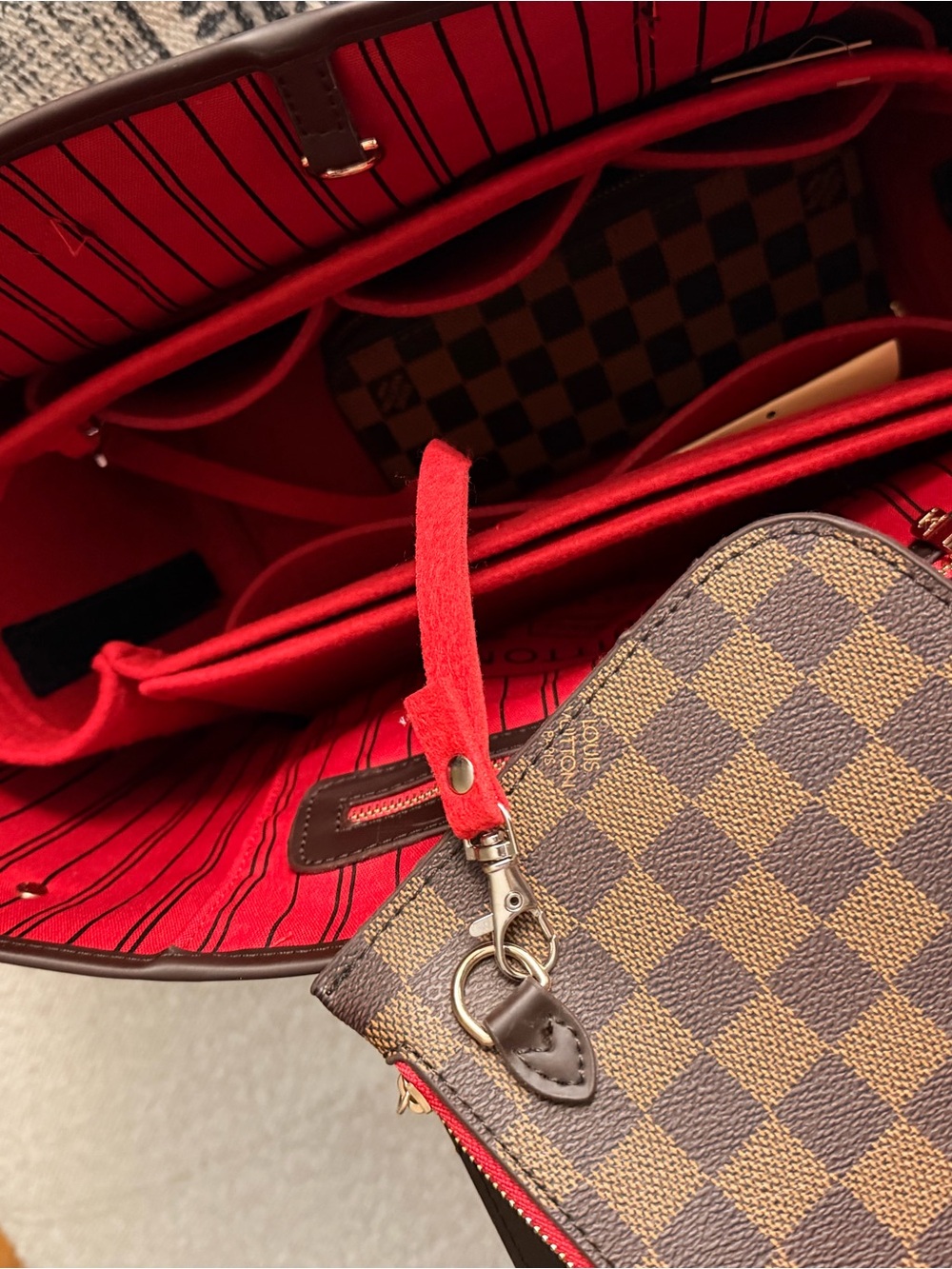 Designer-Inspired Red & Brown Check Tote with Removable Pouch - Picture 3 of 9